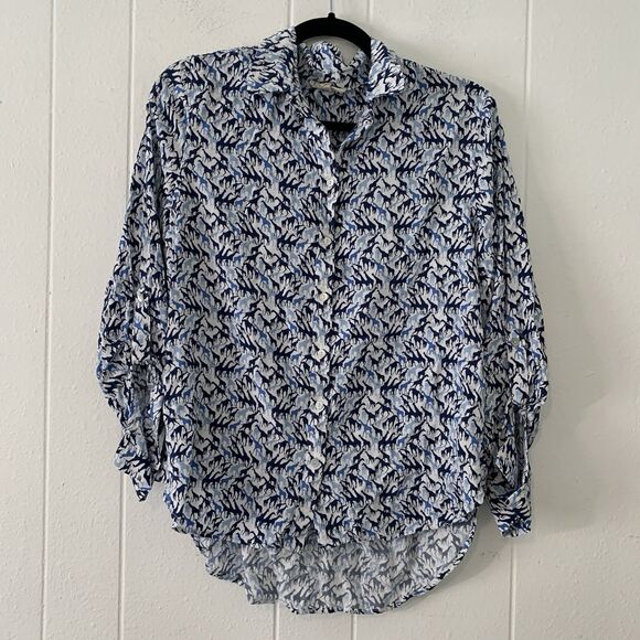 Jane + Delancey Womens Medium Shirt Blue Giraffe Safari Animal Print Button Up - Picture 1 of 8